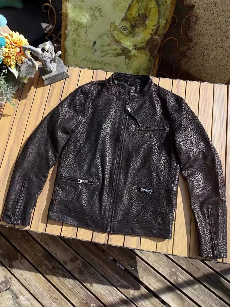 New Designer Spring Autumn Mens Goatskin Genuine Leather Jacket Slim Fit Stand Collar Zipper Punk Stage Show Leather Coat 5XL