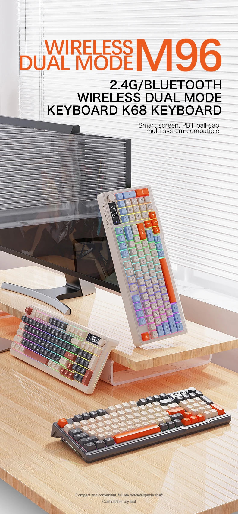 M96 Bluetooth Keyboard Wireless FREEWOLF Screen Gaming Keyboard,Electronic Screen, Multi-Device Connection,Ergonomics Gaming