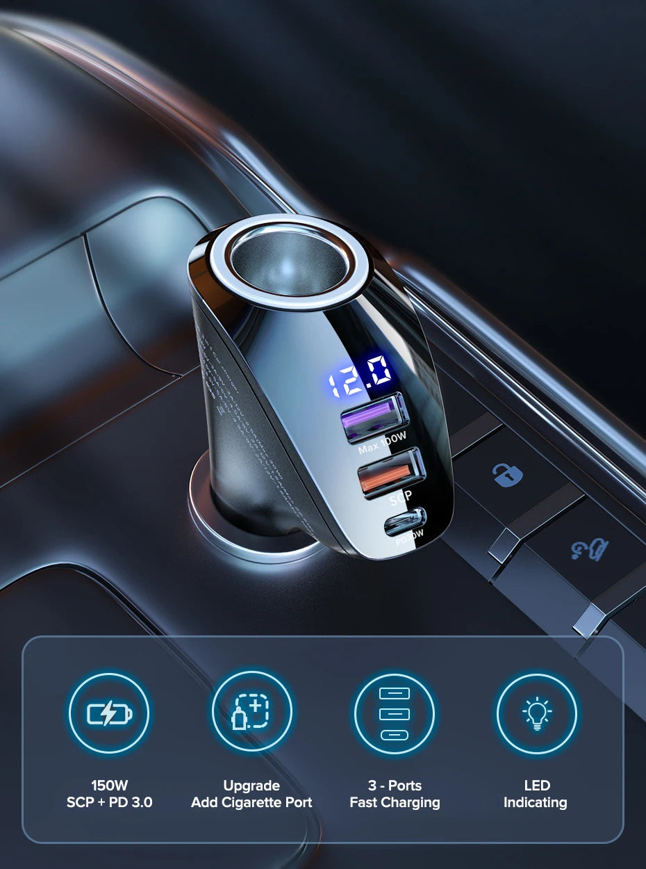 QOOVI 150W 4-Ports Car Charger USB Type C Super Fast Charging PD 4.0 Cigarette Lighter Socket For iPhone Xiaomi Samsung Huawei