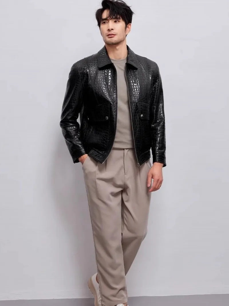Designer Mens Genuine Leather Jacket Zipper Lapel High Quality Sheepskin Motorcycle Short Coat Spring Autumn Punk Outerwear Male
