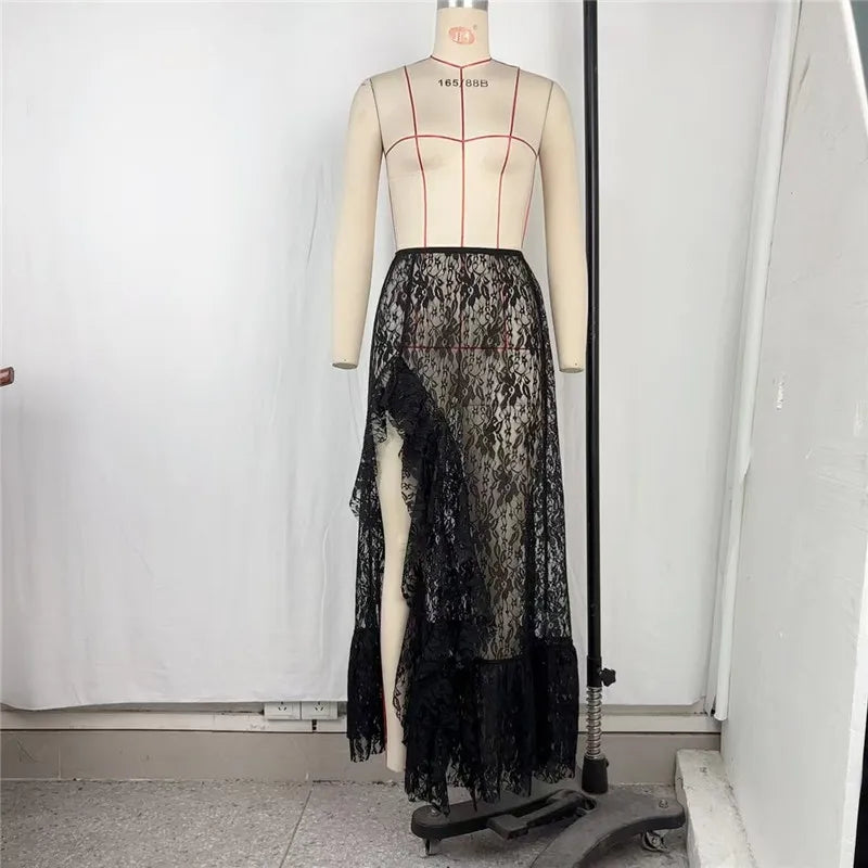 Shestyle Lace Transparent Long Skirts for Women Asymmetrical Floral Ruffles Summer 2025 Nre Stylish Outfits Holiday Slit Elegant