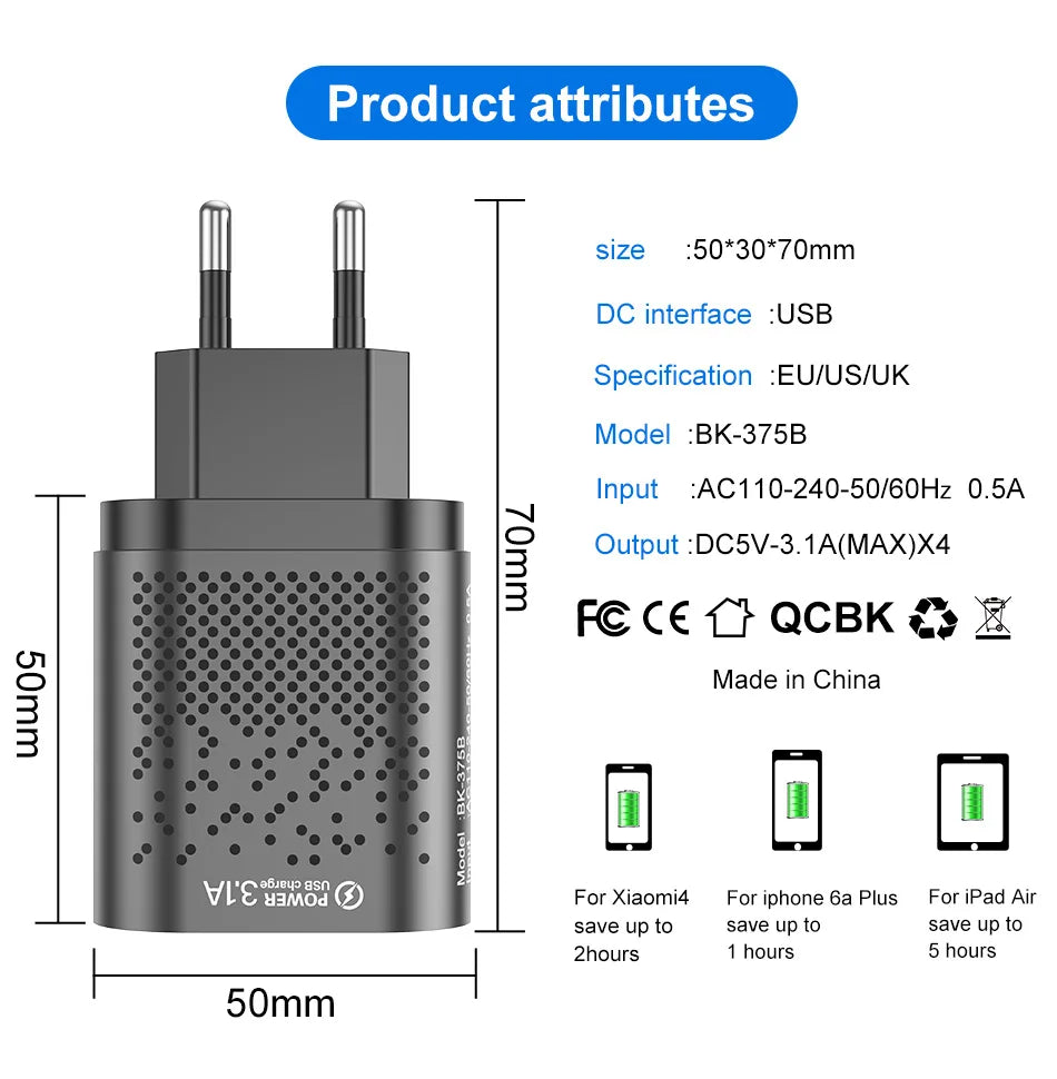 3.1A USB Charger Mobile Phone Adapter 4 Ports Multi Charger UK/US Plug Wall Charger For Huawei Xiaomi Redmi POCO Tablets Laptops