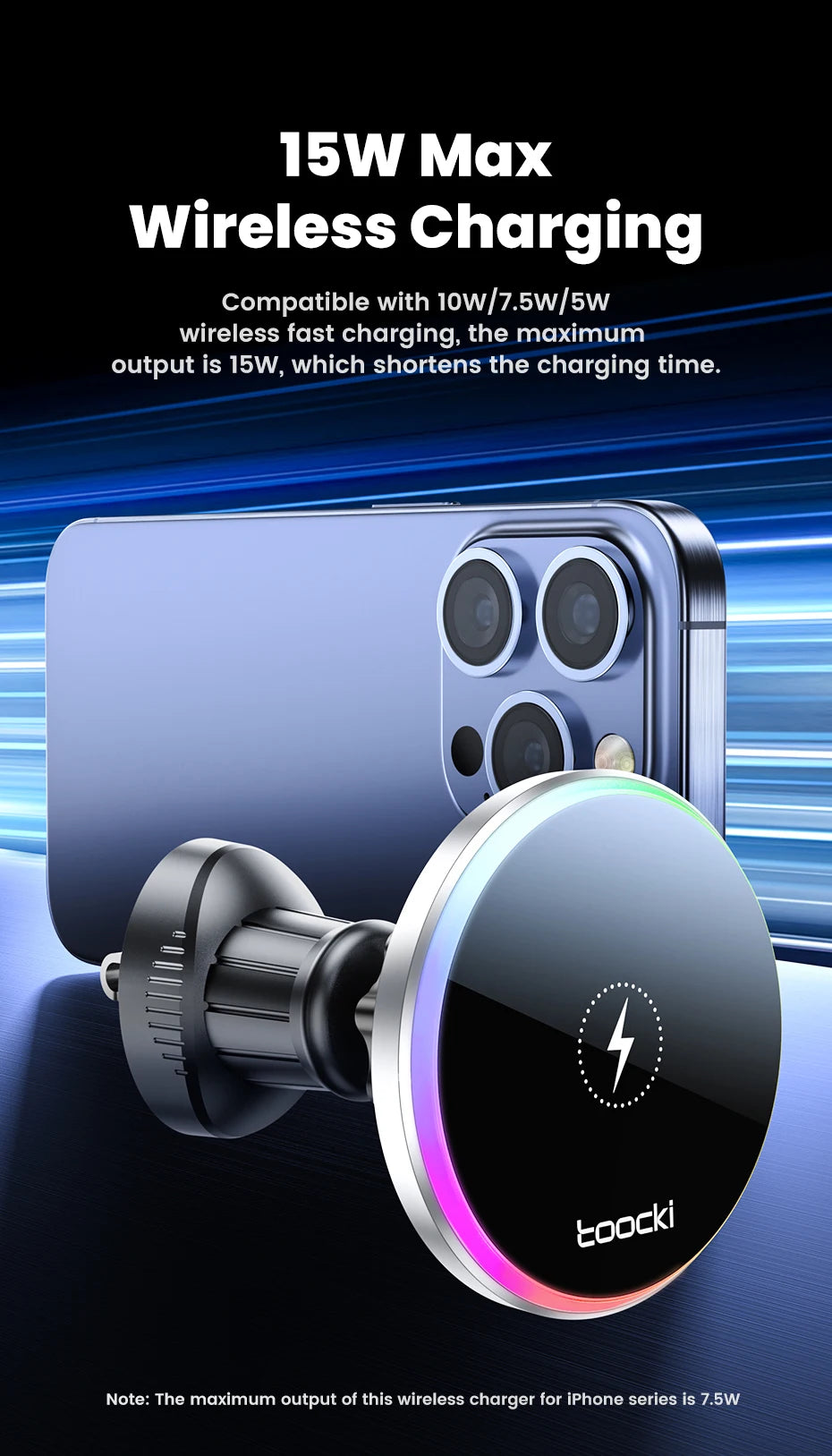 Toocki RGB Magnetic Car Phone Holder 15W Wireless Charger Car For iPhone 15 14 13 Pro Max Samsung Phone Car Charger Holder Stand