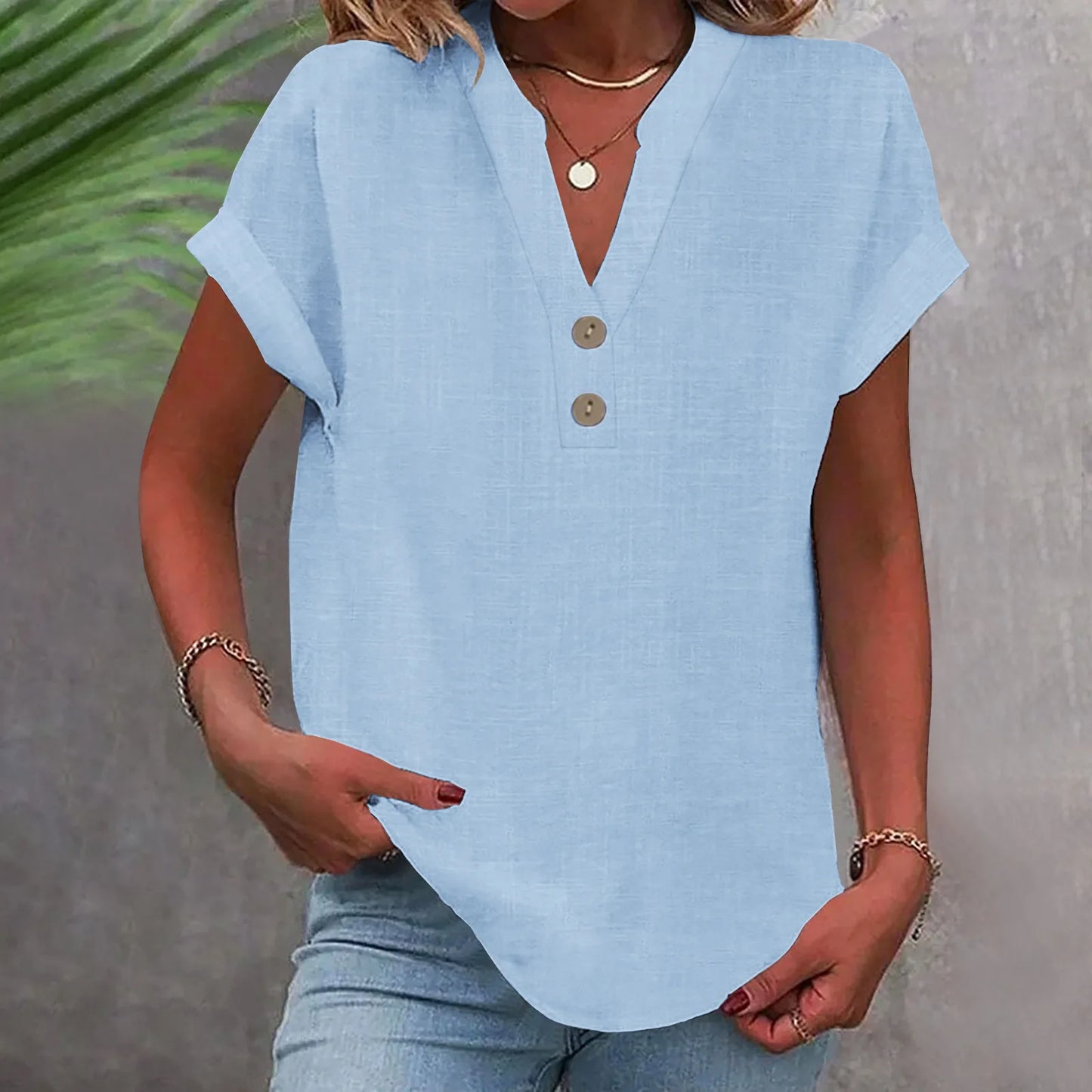 Cotton Linen Short Sleeved Breathable Shirt Summer Solid Color Fashion Stand Up Collar Button Down Women's Casual Office Shirt