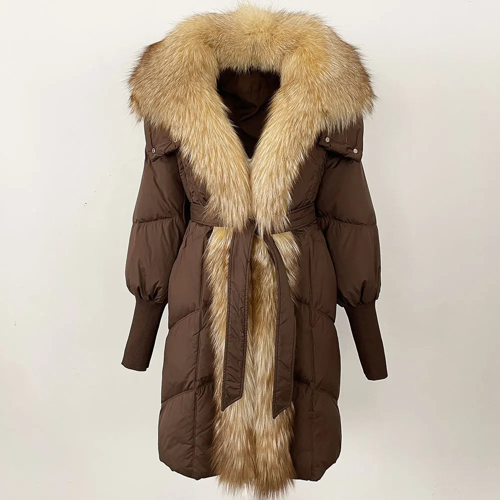 2025 Autumn Winter Women Coat Real Natural Fox Fur Long Down Jacket Thick Warm Casual Hooded White Duck Down Elegant Overwears