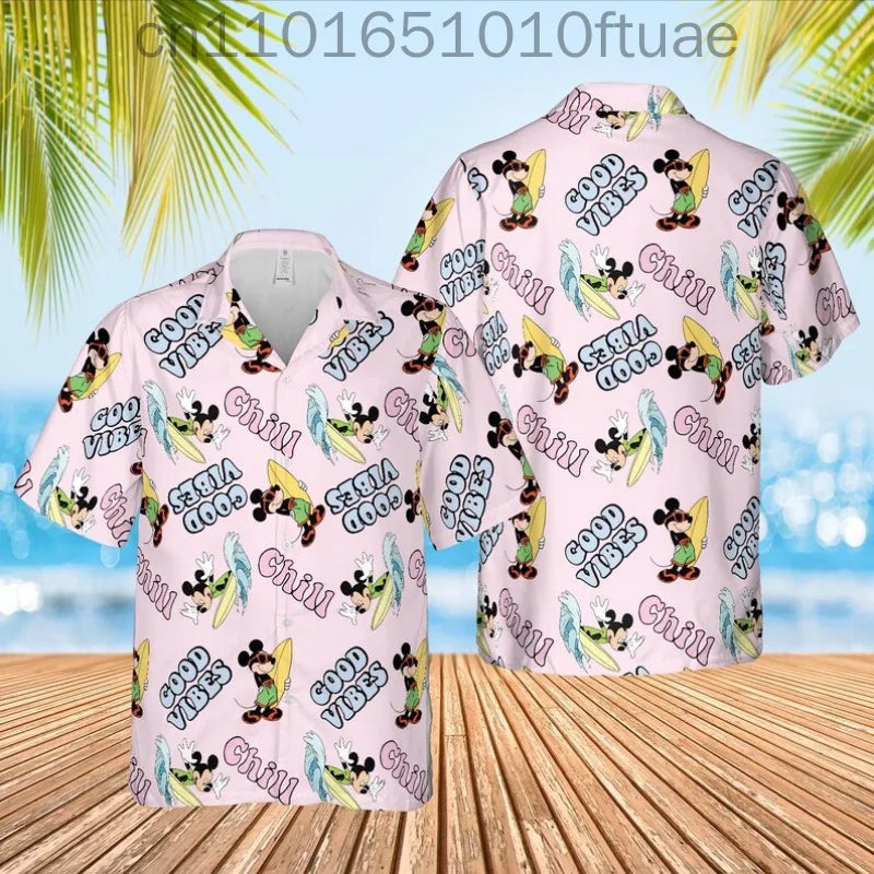 Disney New Hawaiian Mickey Minnie Tropical Shirts for Men and Women Summer Beach Shirts Children's Casual Fashion Seaside Shirts