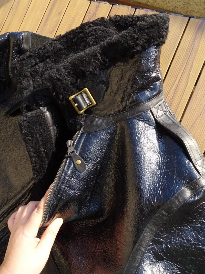 Mens Oil Waxed Sheepskin Motorcycle Short Coat Lapel Winter Real Fur Jackets Warm Wool Lining Genuine Leather Pilot Jacket Male