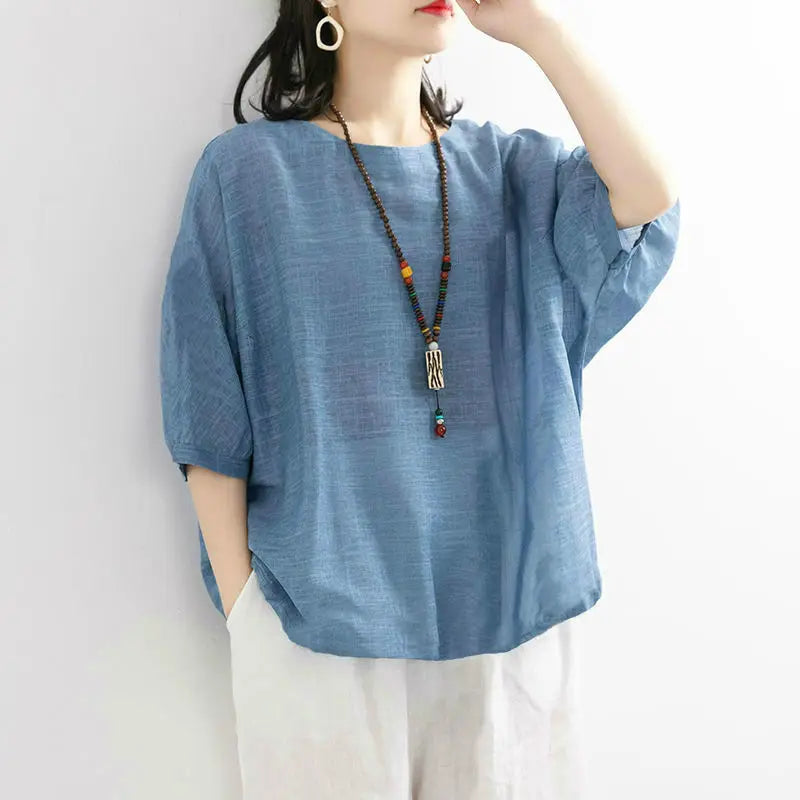 plus Size Women's Cotton T-irt ort Sve Summer New Sle Pure Linen Mid-Age Women's Faionable Commute Ethnic Sle Lo...