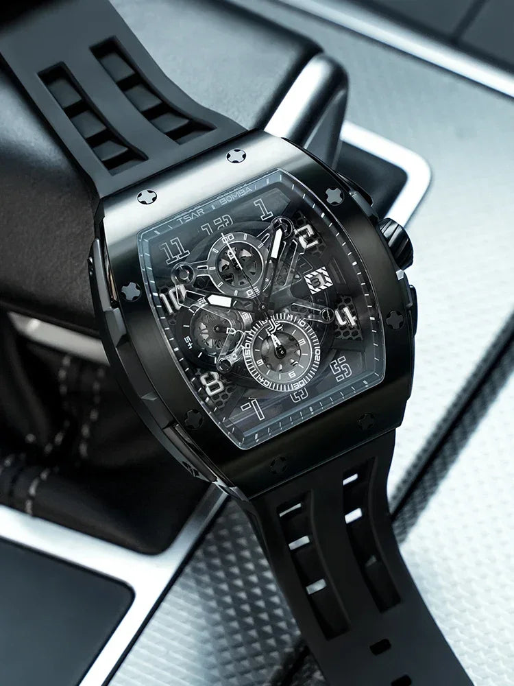 TSAR BOMBA Luxury Mens Watch Top Brand Wristwatch Tonneau Clock Rubber Strap Chronograph Sapphire Watches for Men