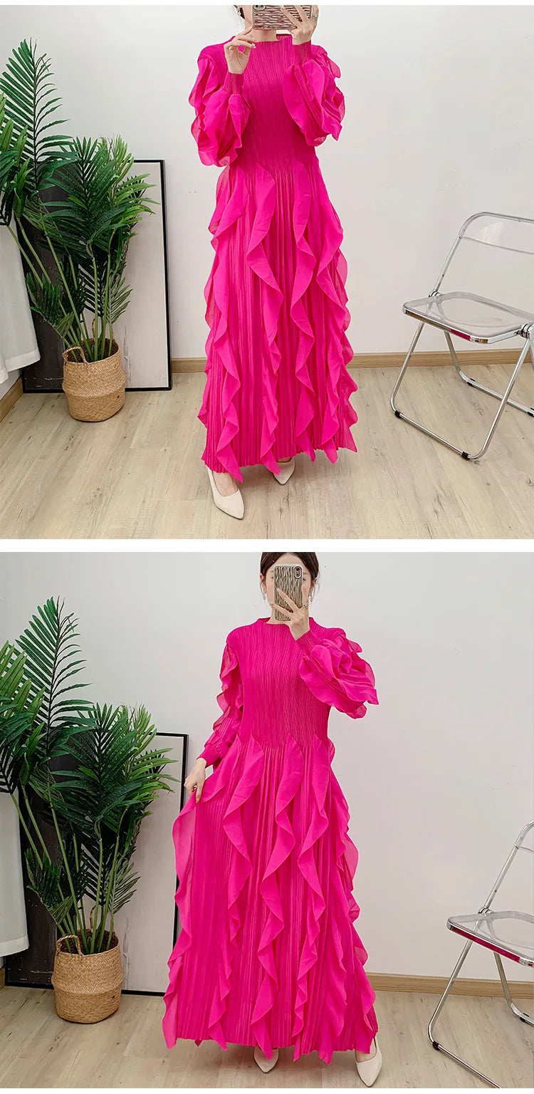 Fashion Ruffles Pleated Dress Women Round Neck Flare Sleeves Solid Maxi Belt Dresses Party 2025 Autumn New