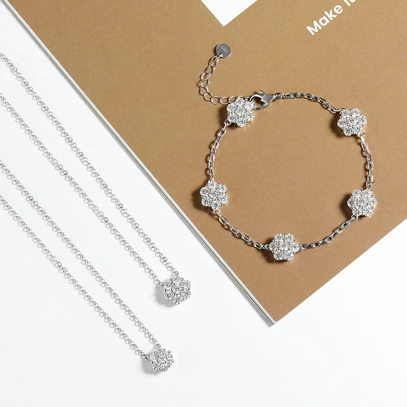 Flower Bracelets with Shiny Moissanite Sterling Silver Adjustable Wedding Anniversary Luxury Gifts Necklace Bracelet Jewelry Set