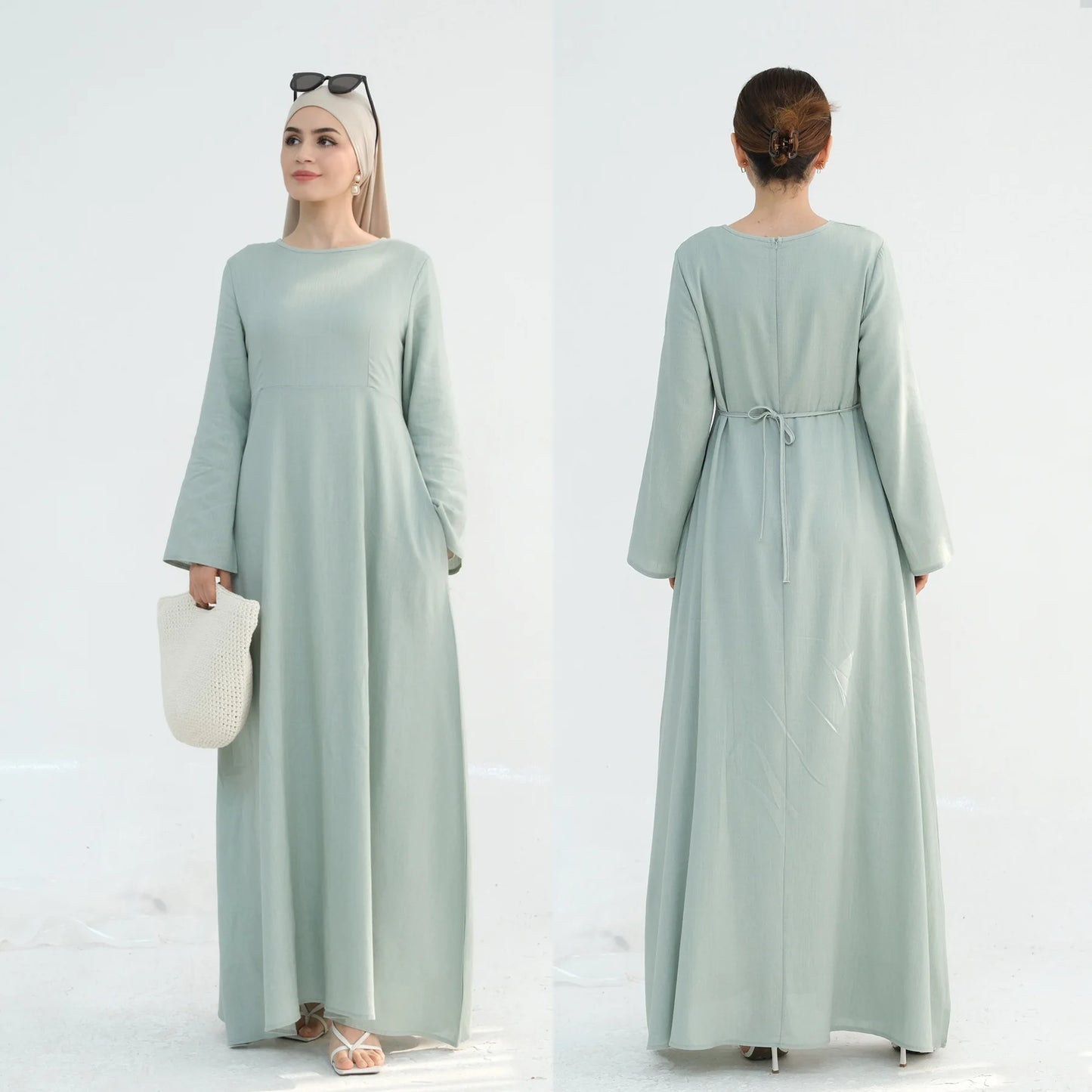2025 Linen Pink Abaya Eid Ramadan Modest Maxi Dress Solid Color Robe Arabe Elegant Women Muslim Dresses Caftan Marocain Femme