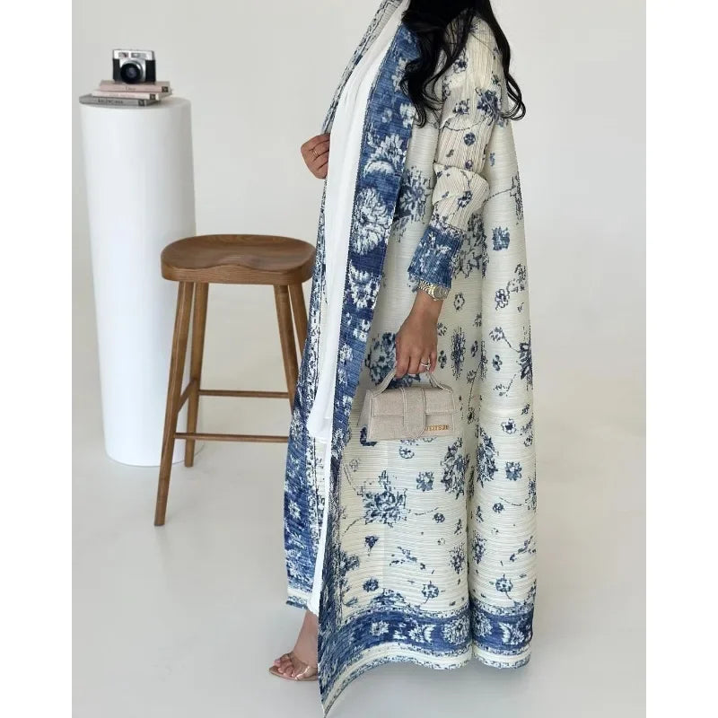 KAF Pleated Women Abaya 2025 Spring Fall New Fashion Retro Printed Cardigan Design Loose Large Size Arab Luxury Robe Female