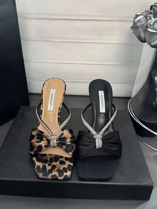 Leopard Satin Rhinestone One-Strap Sandals Women 2025 Summer New Bow Open-Toe Thin High-Heeled Slippers Casual Fashion pump