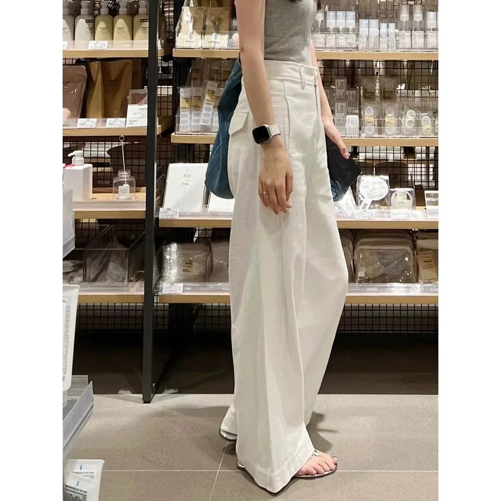 Ele White Cotton Linen Wide Leg Pants Women Summer High Waist Draped Loose Slim Straight Casual Thin Pants
