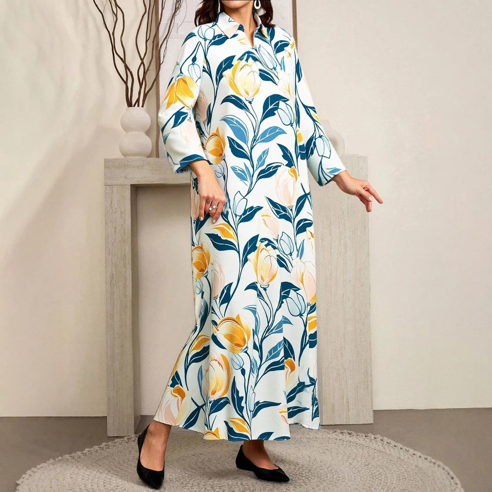 Plus Size Rafiah Women's Summer Arabian Dress 2025 Botanical Print Loose Fit Long Sleeve Lapel Draped Long Dress