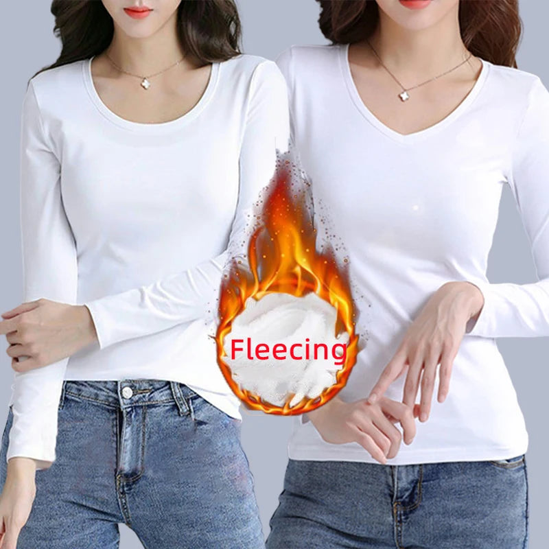 O Neck Long Sleeve Fleeceing Heating Fiber Thermal Basic T-Shirts Women Winter Bottoming Cropped Tops Casual Skinny All-match