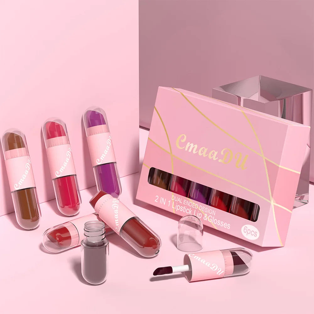 CmaaDu 2 IN 1 lipstick lip & glosses 6-piece matte Lipstick Face Color waterproof small size light weight easy to carry