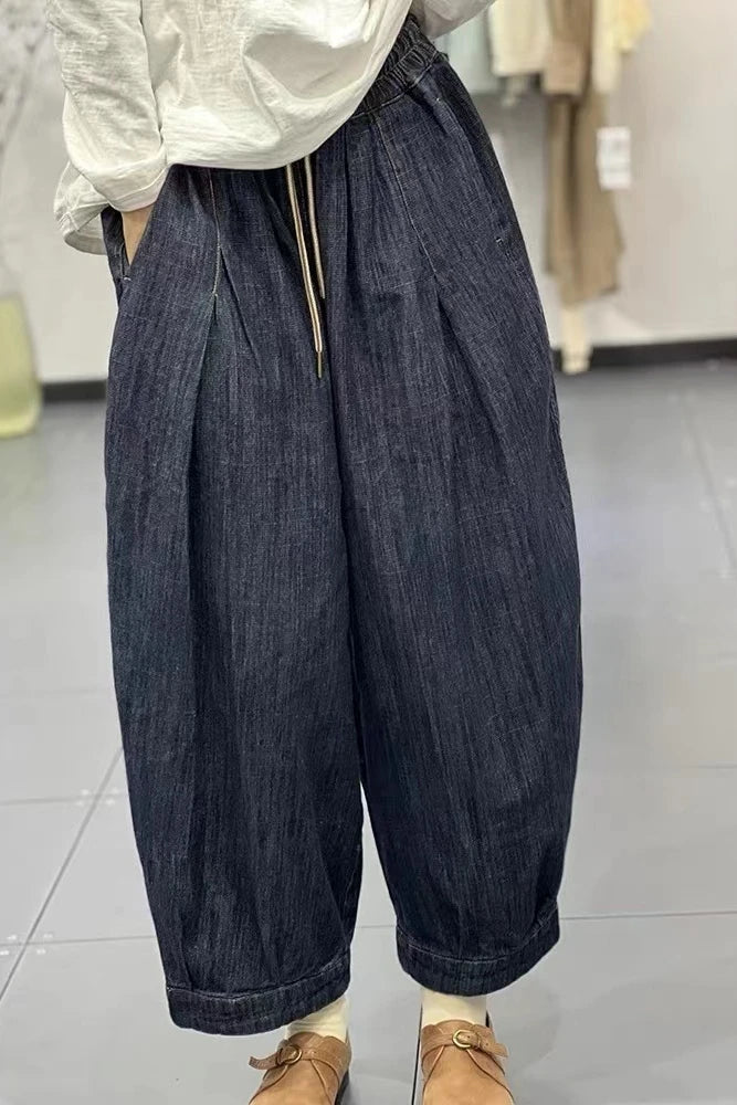 Faionable Retro Artistic Women's Jeans Harlan Pants High Waist Long Trousers All-Match Dstring Elastic Waist Tailored