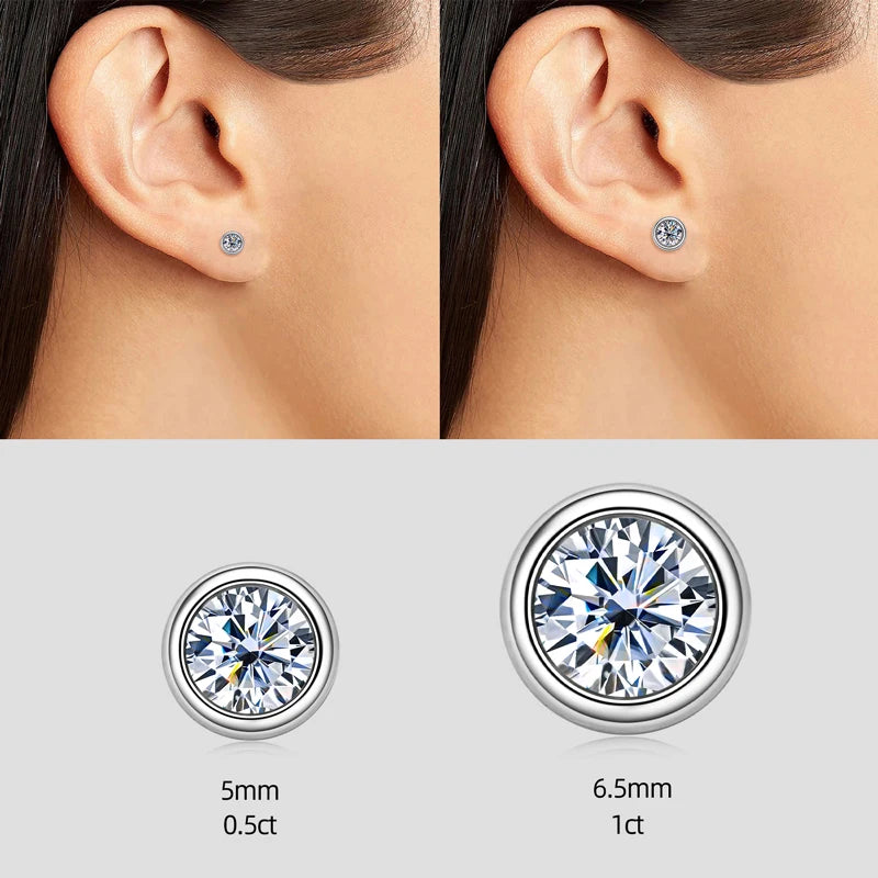 Lnngy 925 Sterling Silver Stud Earring D-Color 5mm 6.5mm Round Cut Bezel Moissanite Simple Bubble Earrings For Women Jewelry