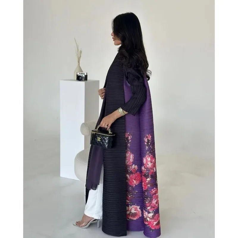 KAF Pleated Women Trench Coat Vintage Printed Cardigan Design Loose Plus Size Women Long Dress Dubai Female Luxury Abaya 2024