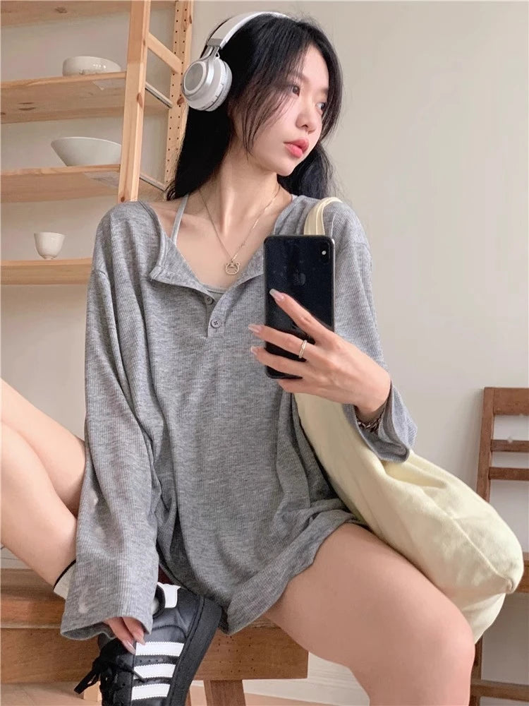 Ladies Casual V-Ne Long Sve T-irt Cover up White Loose Slimming Knitted Wear Summer Inner Top Comfortable Sle