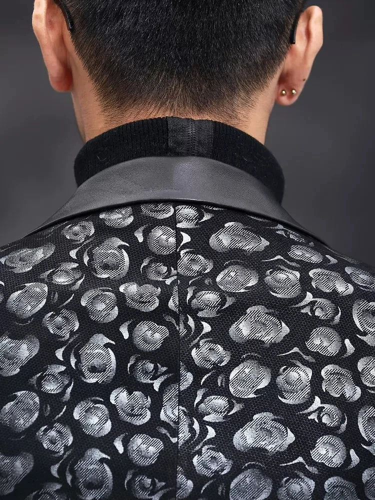 New Designer Business Men Work Floral Printed Blazer Suit Coat Autumn Slim Fit Single Breasted Sheepskin Genuine Leather Jacket