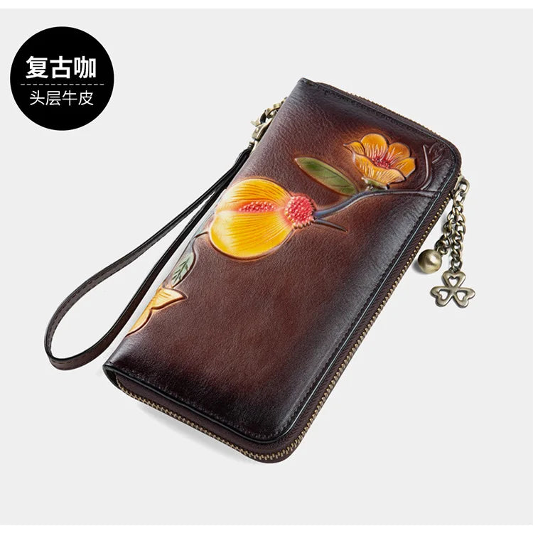 MOTAORA Vintage Genuine Leather Women's Long Wallet | RFID Protected Zipper Purse with Card Holders & Phone Pocket