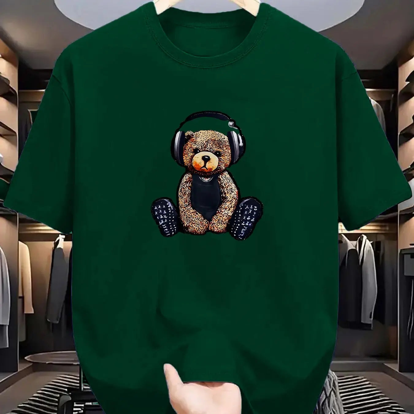 Men's Summer 100% Cotton Fashionable Casual Sports Loose Teddy Bear Headphones Print Round Neck Short Sleeve T-shirt Top