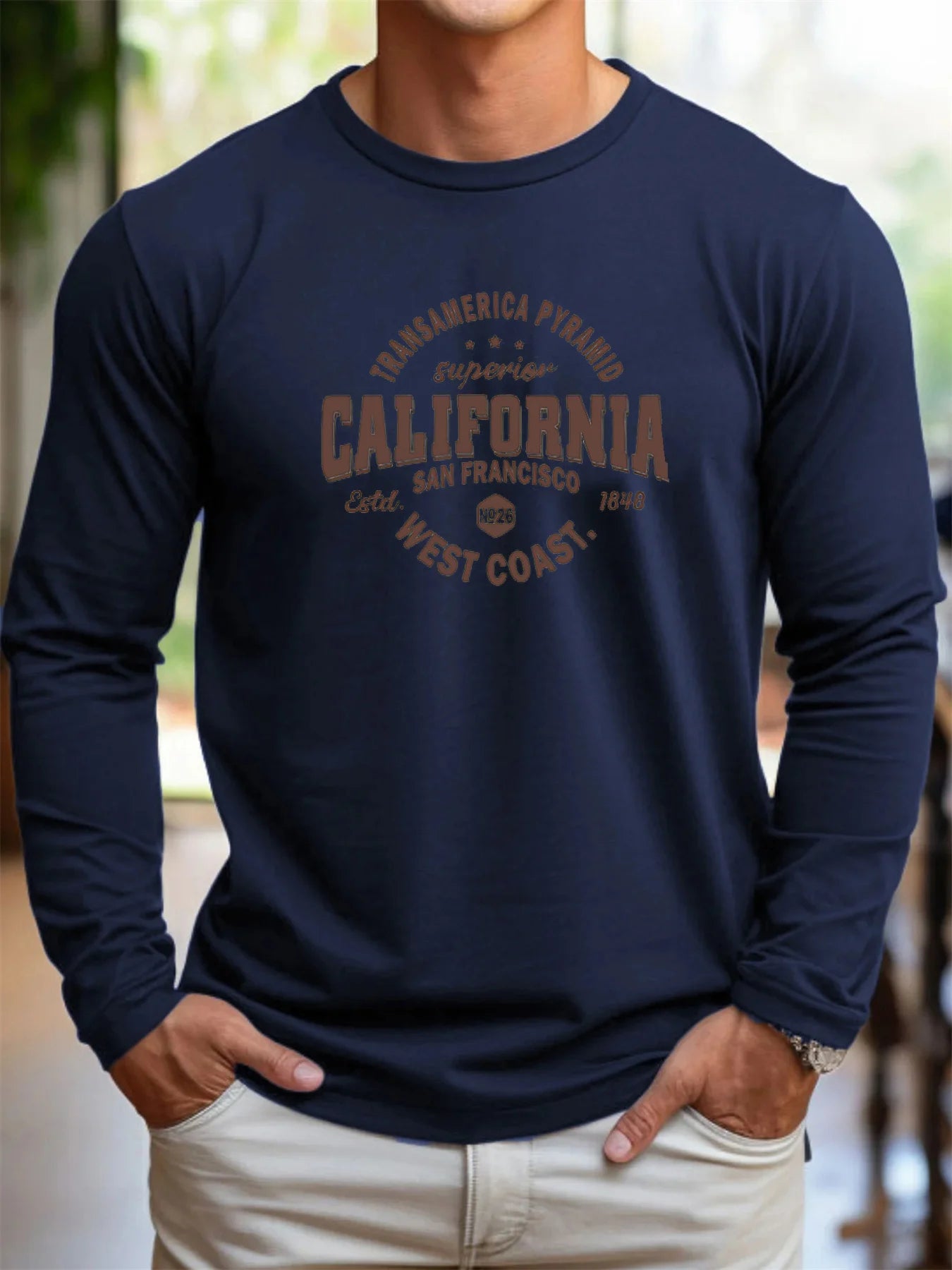 Men's 100% pure cotton loose fit comfortable sports and leisure California West Coast printed round neck long sleeved T-shirt