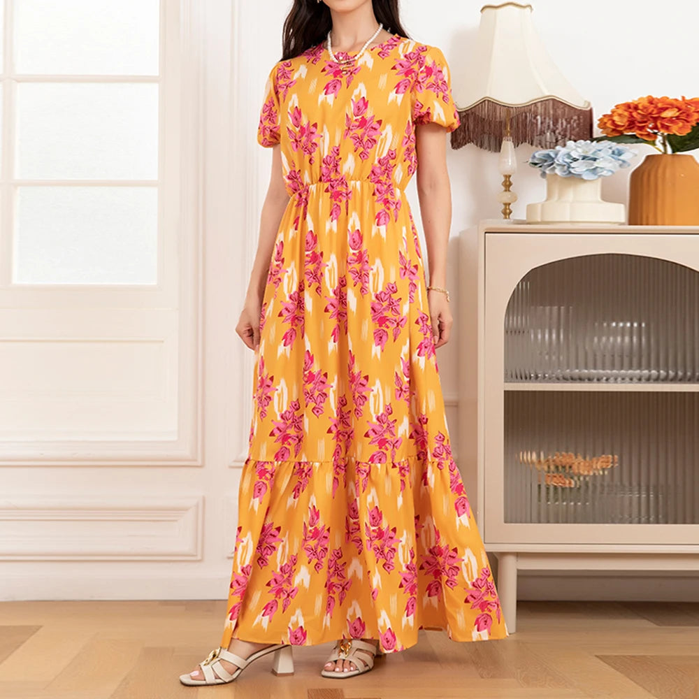 Rafiah Summer Dress 2025 Floral Women's Fashion Puff Sleeve Crew Neck A-Line Maxi Dating Arabian Dress