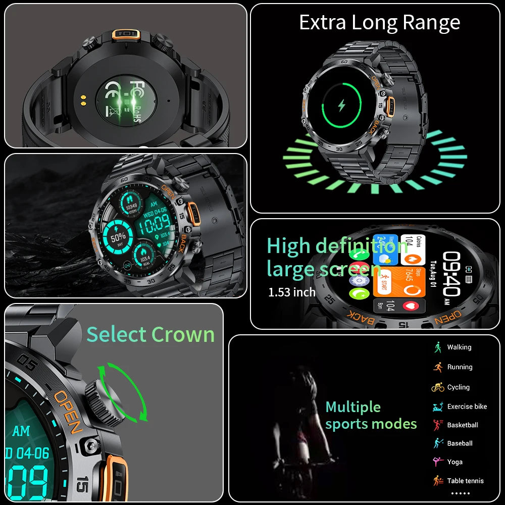 LIGE LED Flashlight Smart Watch Military Watches SOS Bluetooth Call Waterproof Health Monitor Sport Smartwatch For Android ios
