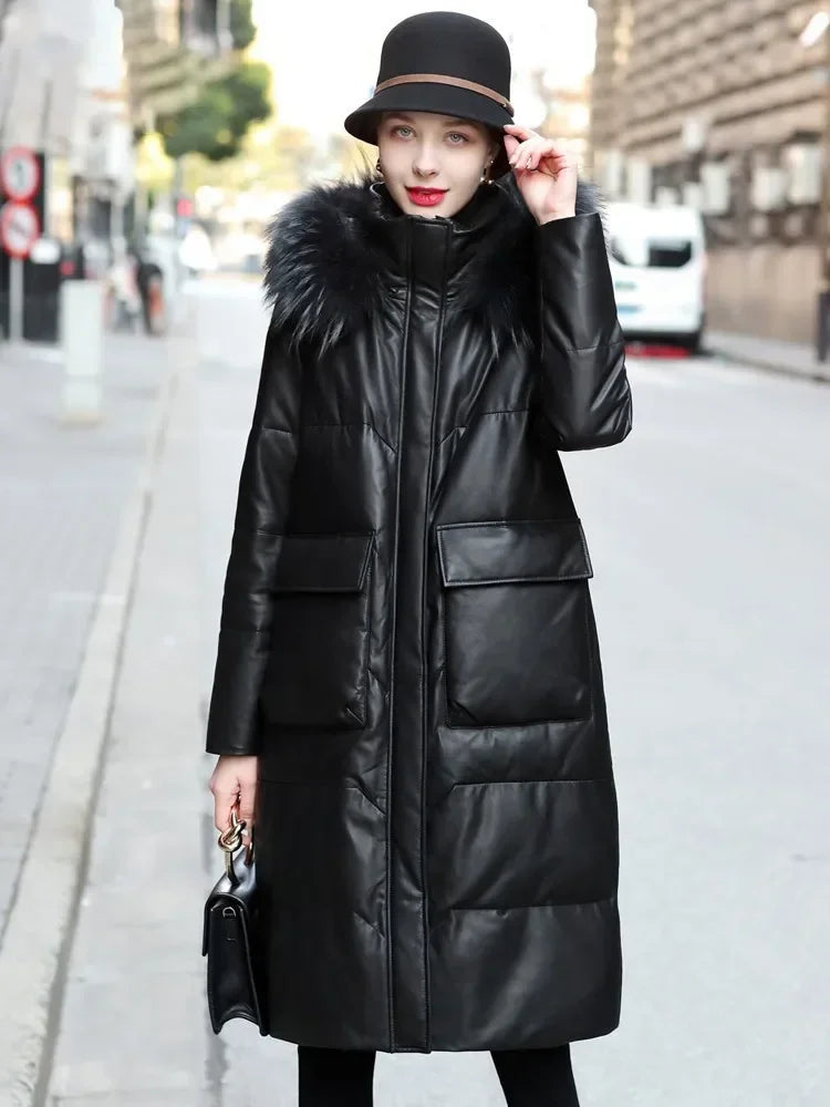 YOLANFAIRY Winter Long Coat Women's Genuine Leather Down Jacket for Women Sheepskin Coats Female Loose Versatile Fur Collar FCY