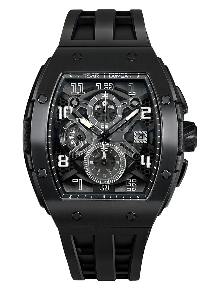 TSAR BOMBA Luxury Mens Watch Top Brand Wristwatch Tonneau Clock Rubber Strap Chronograph Sapphire Watches for Men