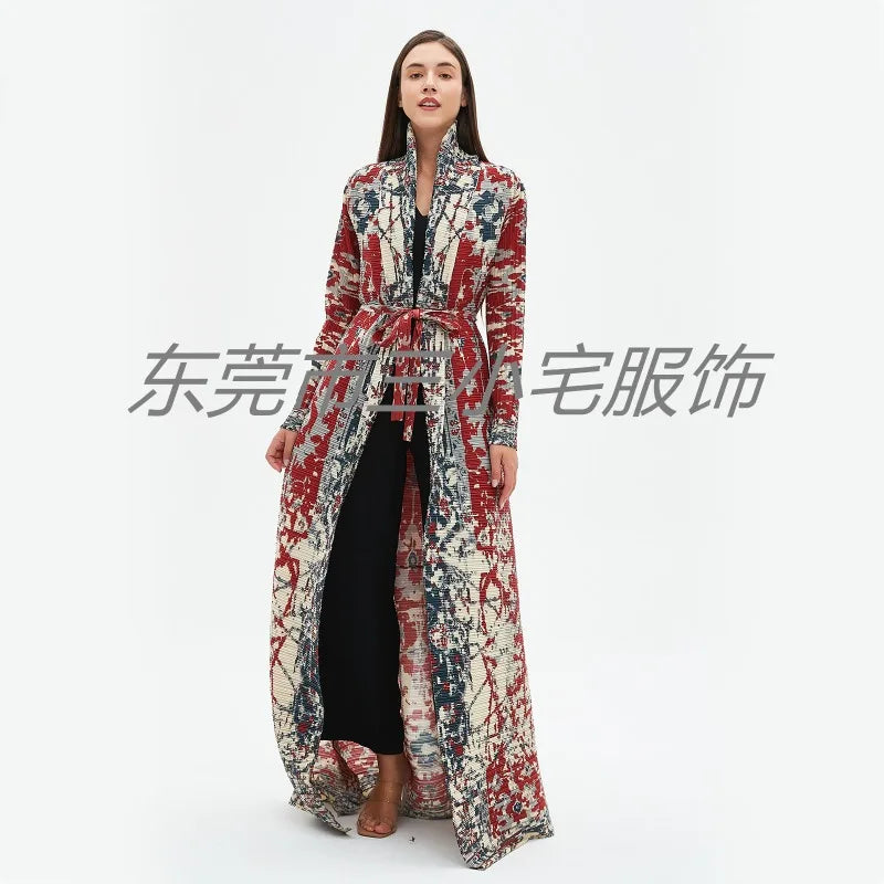 KAF Pleated Women Loose Plus Size Trench Coat 2024 Autumn New Vintage Printed Cardigan Design Arab Female Luxury Abaya