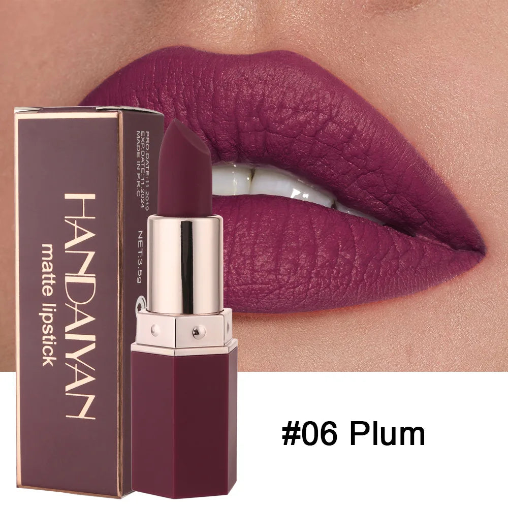 HANDAIYAN 6 Colors Matte Nude Lipstick Waterproof Long Lasting Sexy Red Purple Lip Stain Velvet Lipstick Beauty Makeup For Women