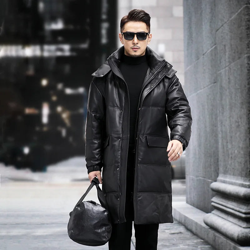 Men's Leather Down Coat, Mid Length, Hooded, Thick Warm Jacket, Large Size Outerwear, Business Male Coat, Winter