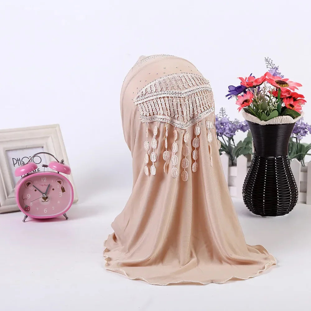 Amira-Muslim Girls Headwear with Diamond Tassel Islamic Prayer Headscarf Arab Soft Wrapped Scarf Plain Shawls Middle East
