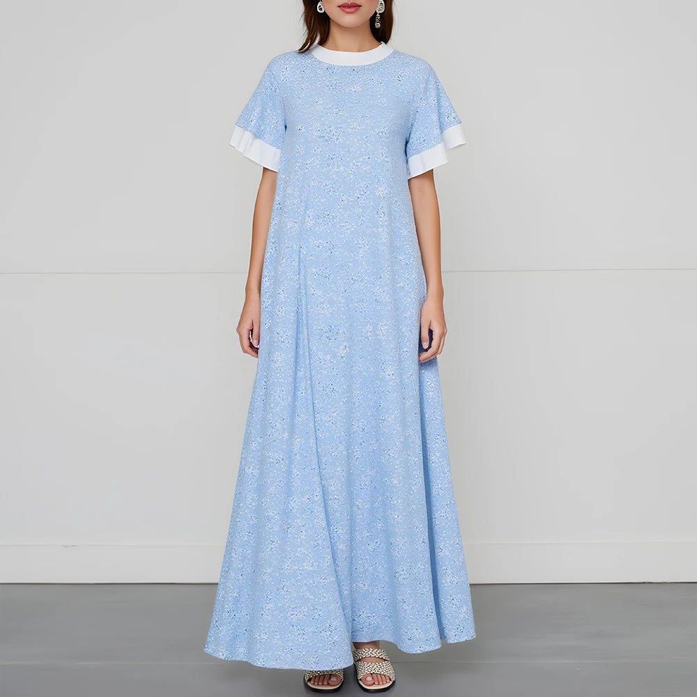 Rafiah Women's Summer Dress Simple Comfortable Contrast Color Short Sleeve Crew Neck Mixi Shift Dresses Casual Arabian Dress