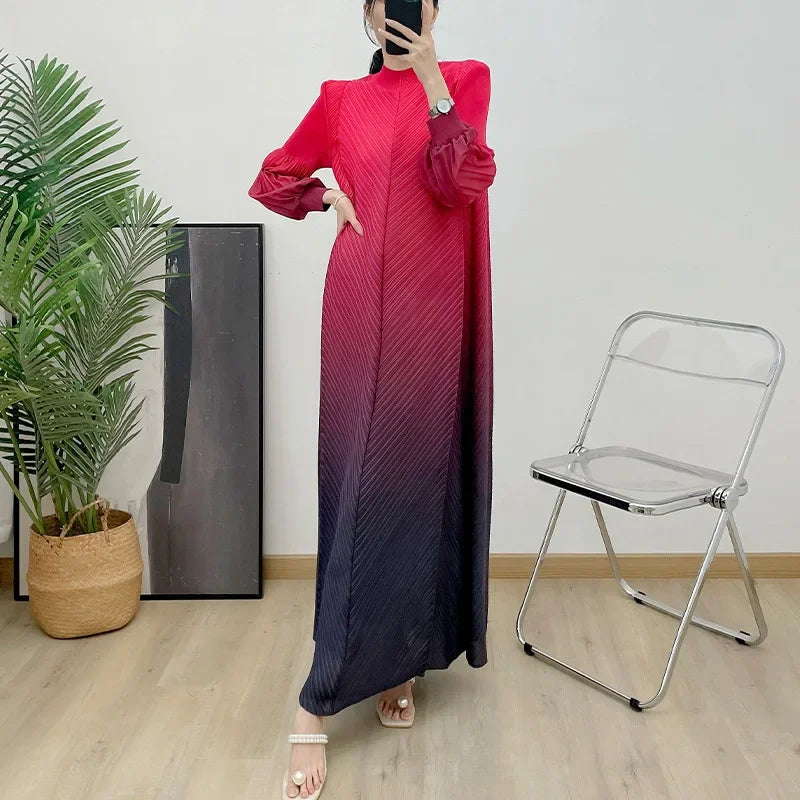 KAF Pleated Women Casual Dress 2025 Spring Autumn New Round Neck Long Sleeve Gradient Color Loose Large Size Design Dresses