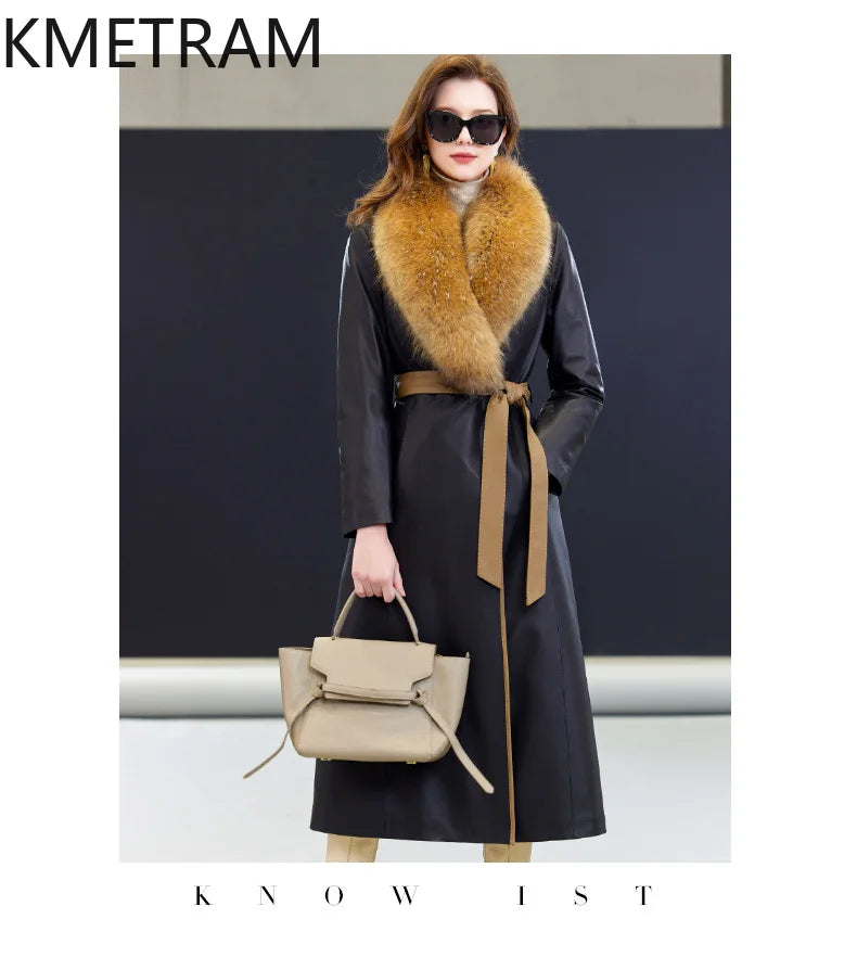 100% Sheepskin Puffer Jacket Women High Quality Long Down Coats Winter Raccoon Fur Collar Coat Womans Clothing Leren Donsjas