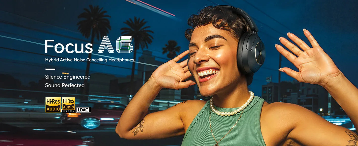 Oneodio A6 ANC Wireless Bluetooth 6.0 Headphones -48dB Hybrid Active Noise Cancelling Over Ear Headset With Mic Hi-Res LDAC APP
