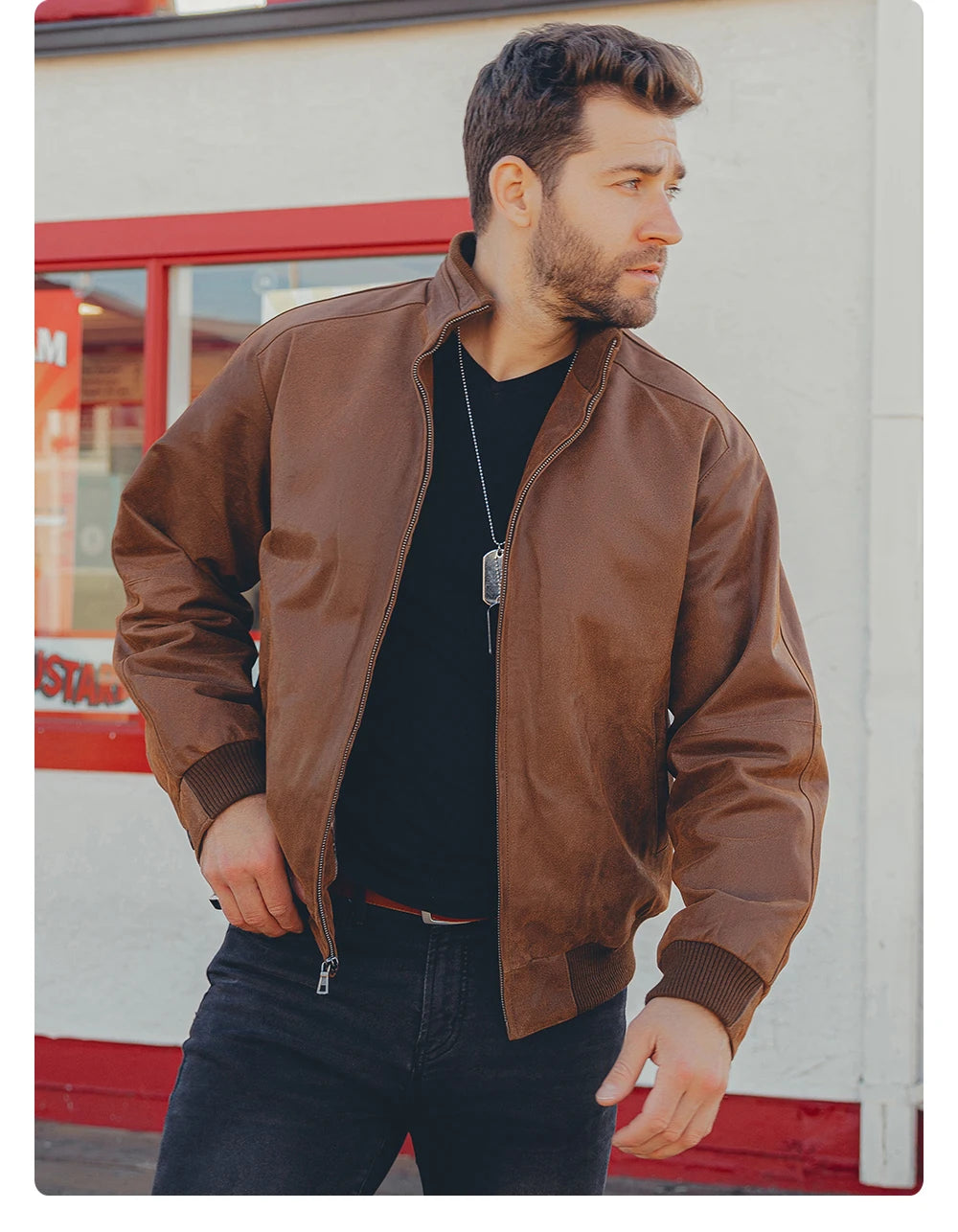 Men’s Pigskin Leather Bomber Jacket – Casual Stand Collar Leather Coat
