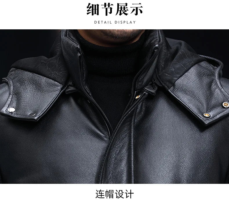 Men's Leather Down Coat, Mid Length, Hooded, Thick Warm Jacket, Large Size Outerwear, Business Male Coat, Winter