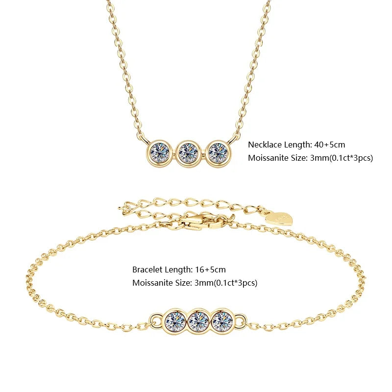 IOGOU 3mm Moissanite Jewelry Sets Real 925 Silver for Women 3 Stones Pendant Necklace Stud Earrings Set Valentine's Day Gifts
