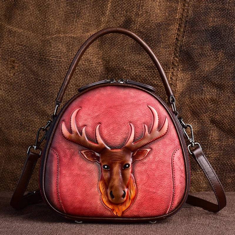 MOTAORA New Embossed Cowhide Shoulder Bag For Women Fashion Small Deer Head Crossbody Bags Chinese Style Genuine Leather Handbag