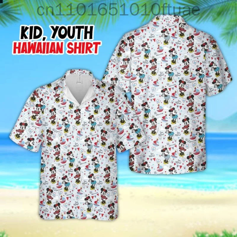 Disney New Hawaiian Mickey Minnie Tropical Shirts for Men and Women Summer Beach Shirts Children's Casual Fashion Seaside Shirts