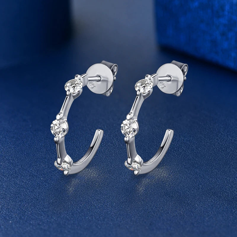 Lnngy Certified 3mm Moissanite Earrings for Women 925 Sterling Silver Unique C-shaped Stud Earring Classic Fine Jewelry Gifts