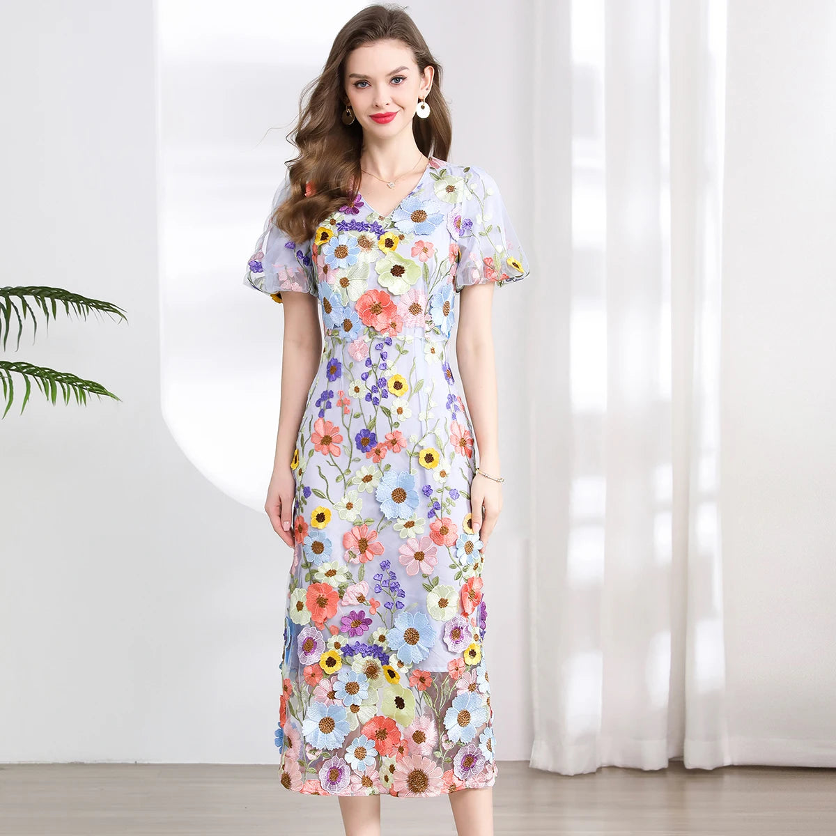 Summer High-end Embroidery Lace Prom Dress Women French Luxury 3D Flower Short Sleeve Long Dress Party Bodycon Holiday Vestido