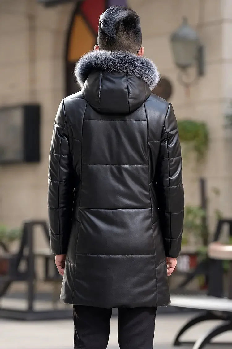Down Jacket Genuine Leather Jacket Men's Mid Length Slim Fit Hooded Sheepskin Coat Man Puffer Jacket Winter Thicken Windbreaker
